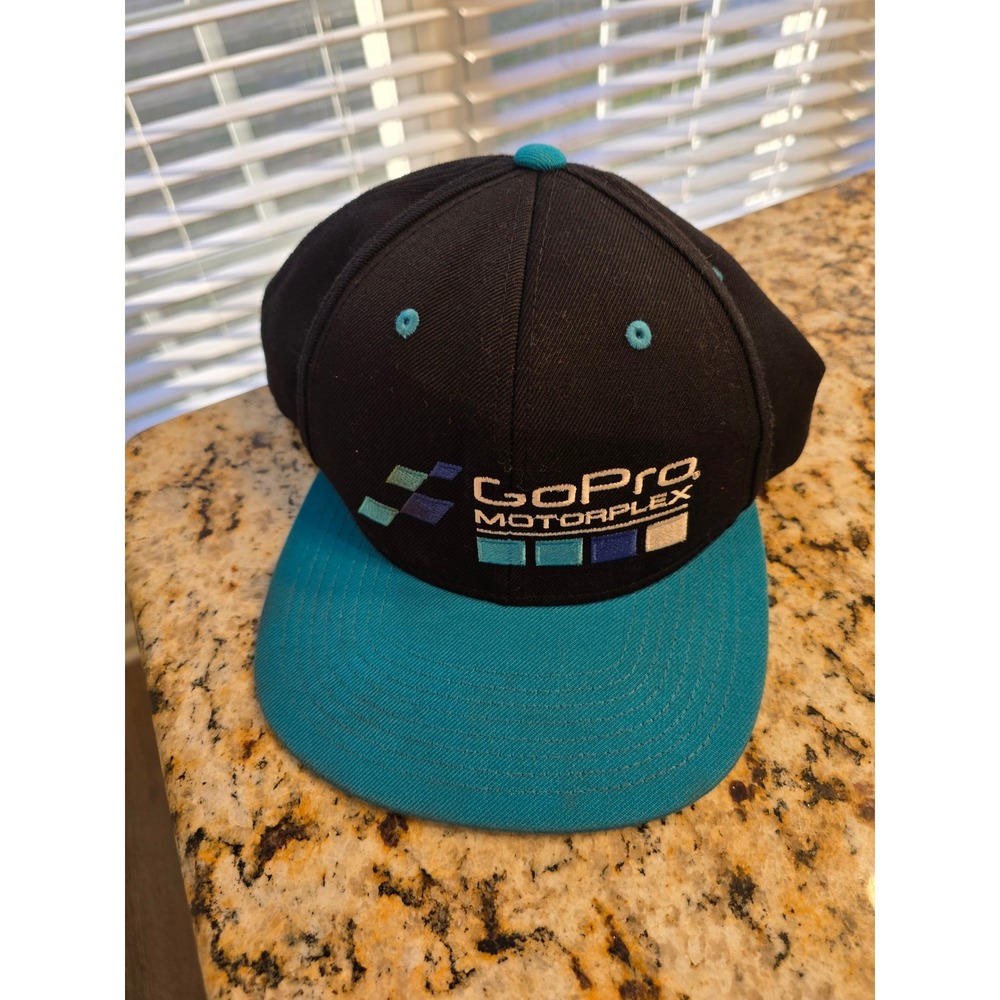 GoPro Motorplex Yupoong Snapback Hat Black Teal Racing Flat Brim Cap Mens OSFM